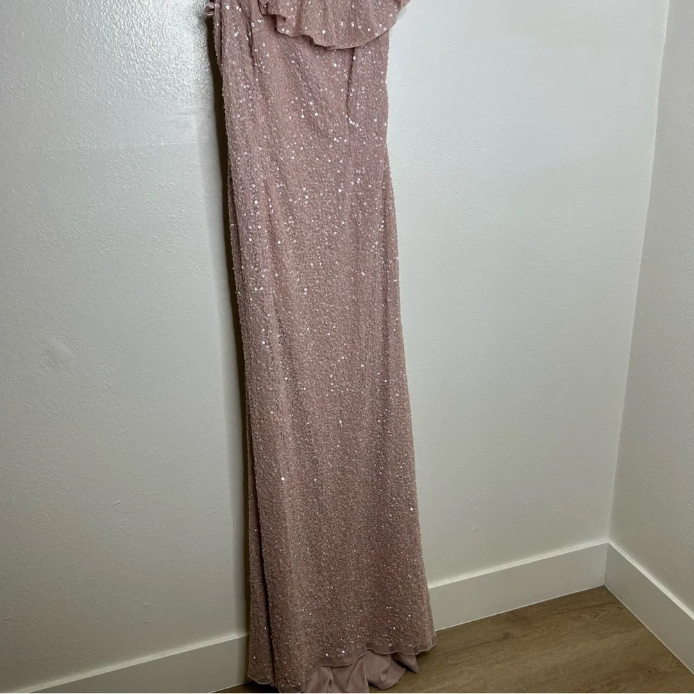 Mac Duggal One Shoulder Asymmetrical Sequin Gown Pink 8